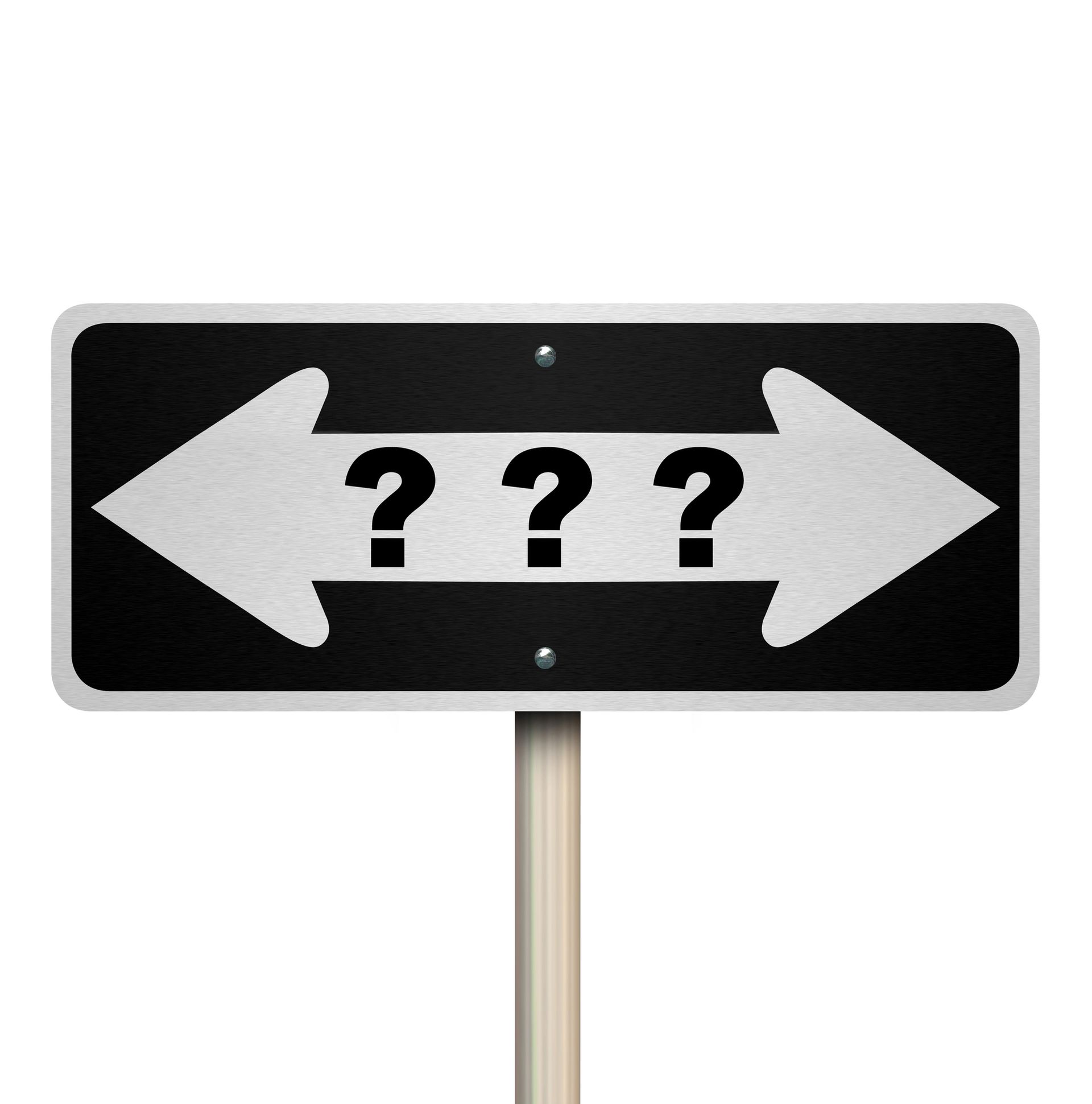 Street sign with white horizontal line with arrows on each end with black question marks in middle
