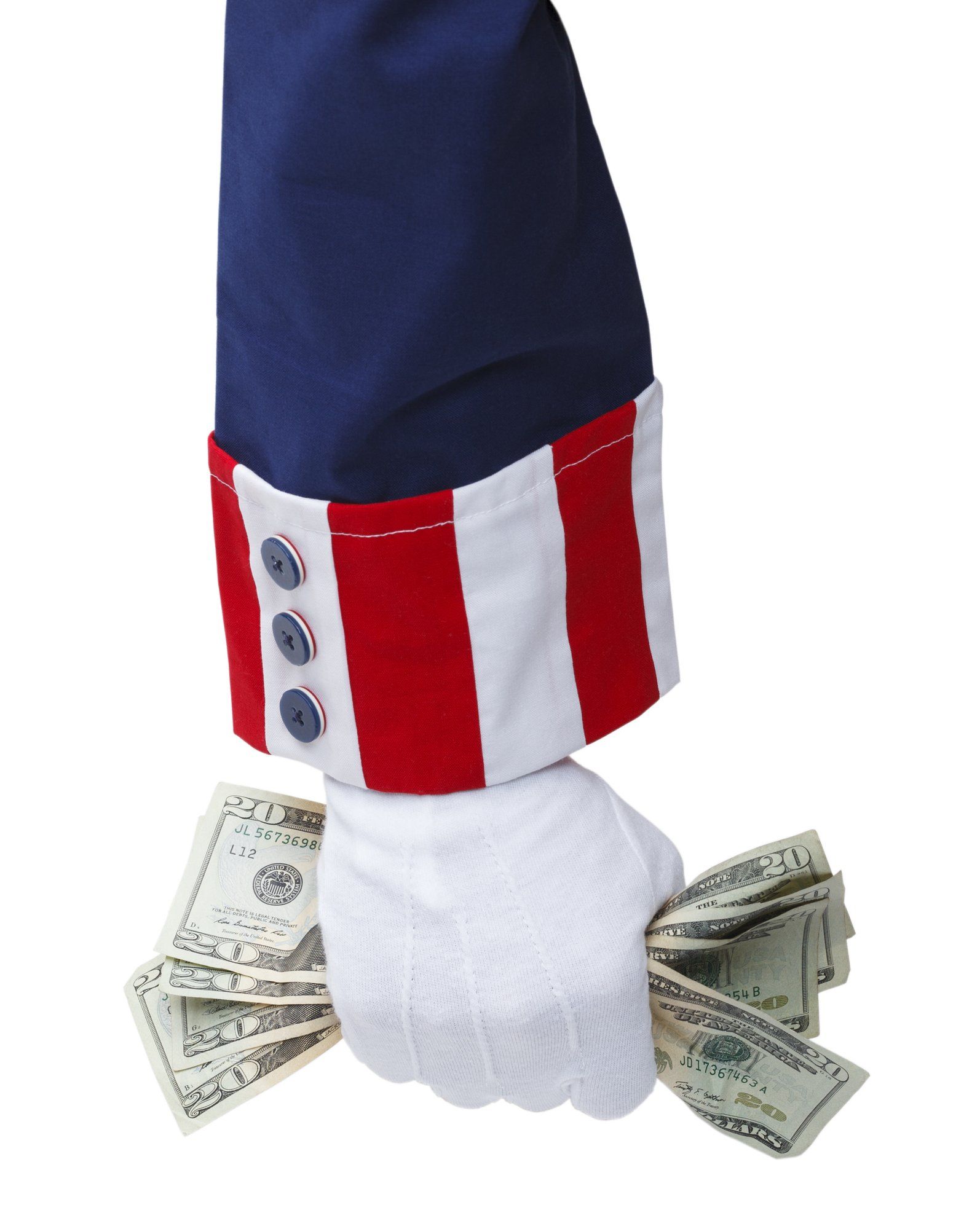 Forearm of Uncle Sam in red, white and blue suit with white glove clenching paper money