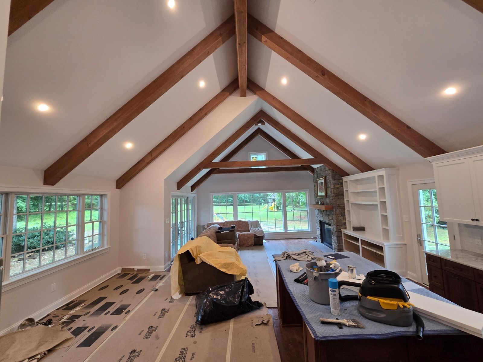 Looking up at the ceiling of a house under construction.