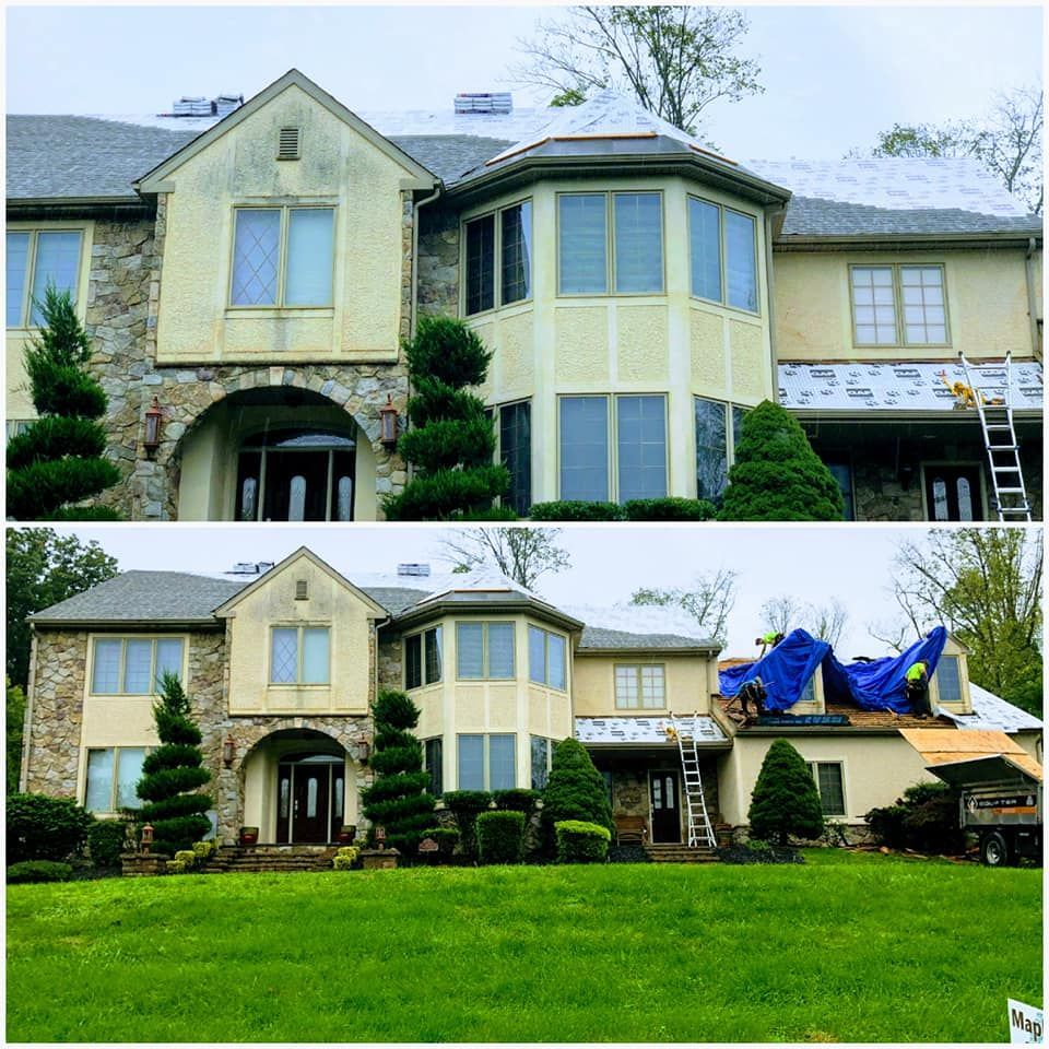A before and after picture of a house being painted