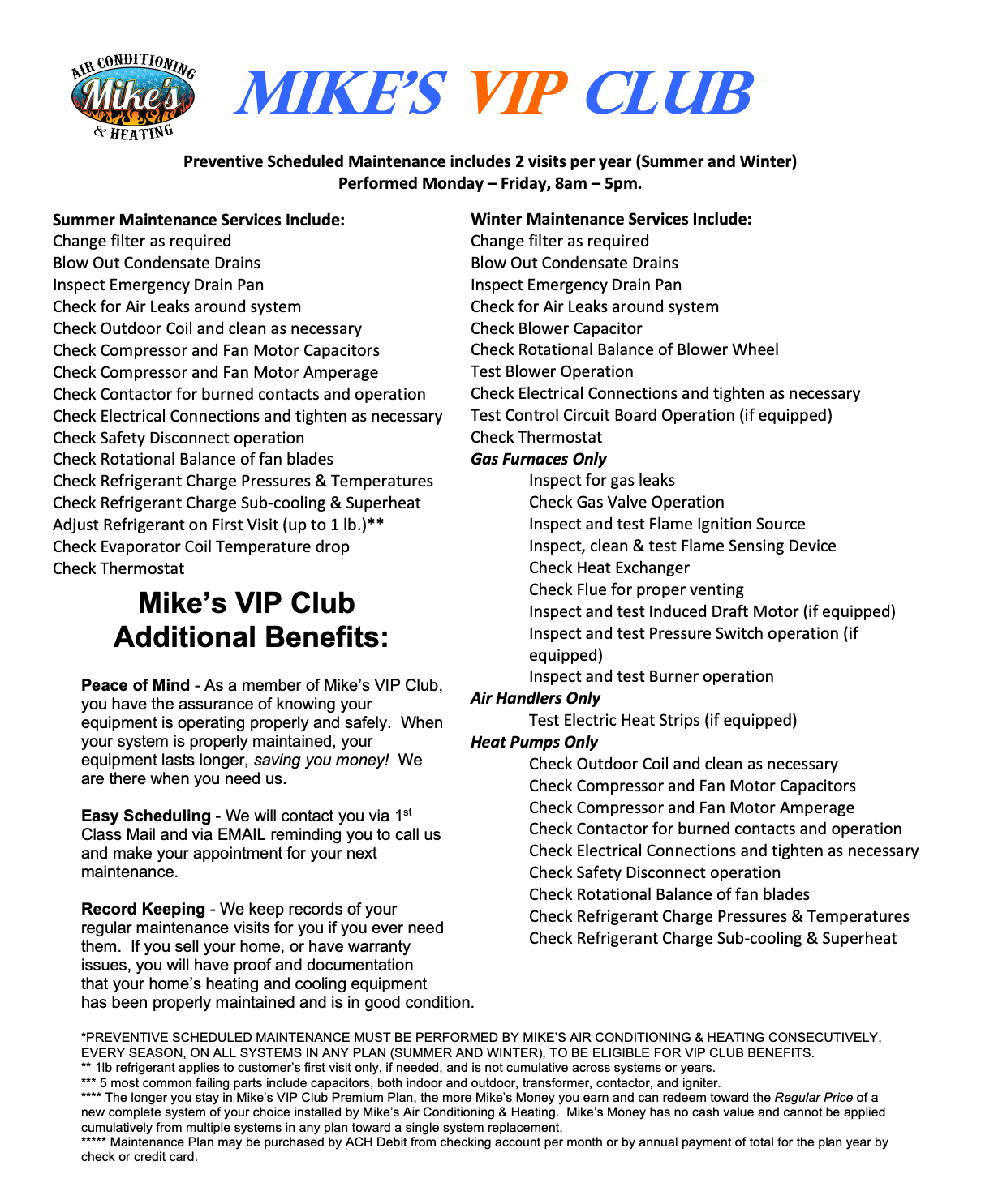 Mike’s VIP Club flyer with blue and orange logo and dense black membership details on white background