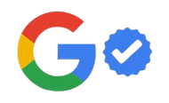 Google logo with a blue verification badge and white checkmark