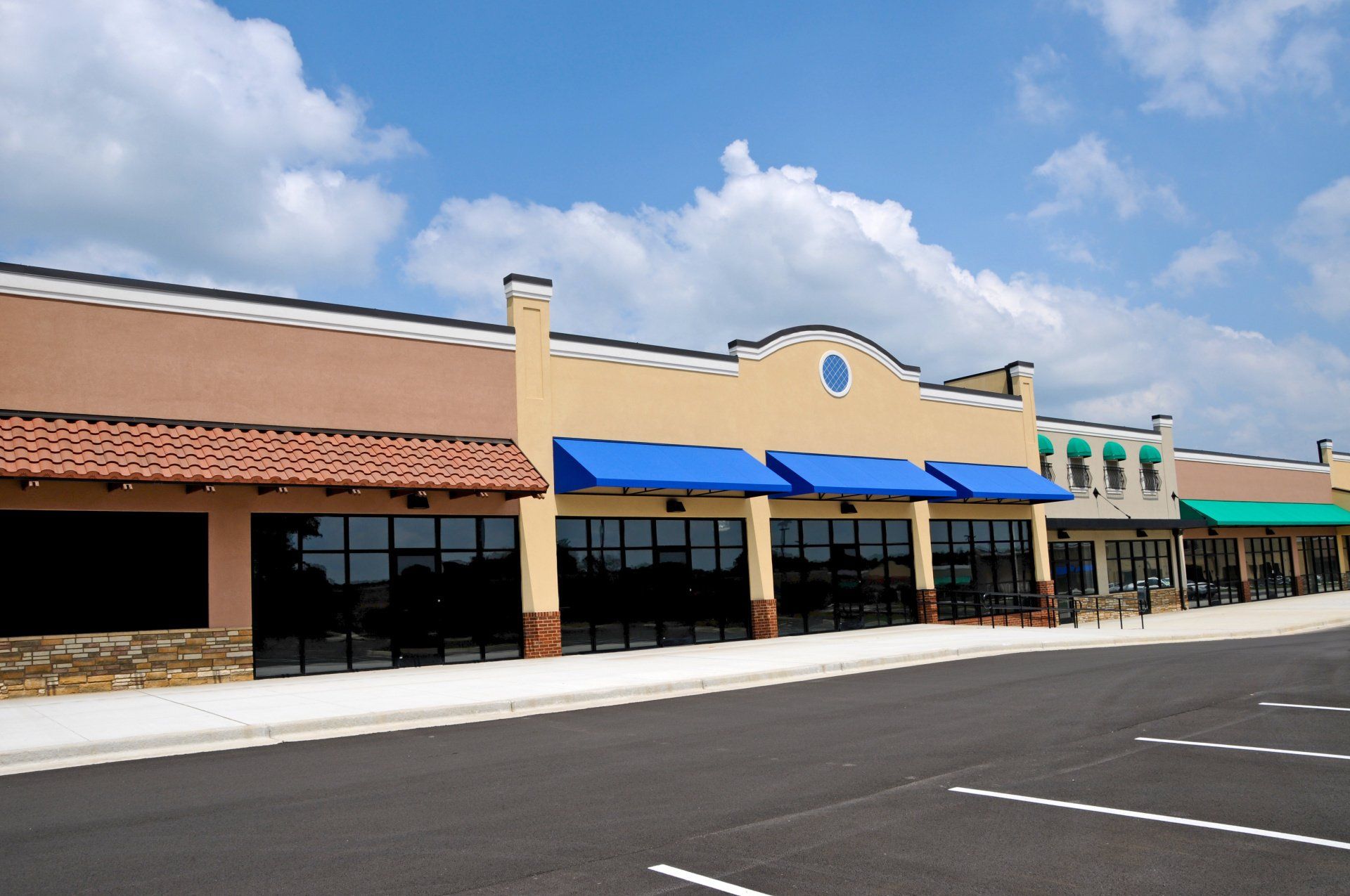 empty strip mall with awnings