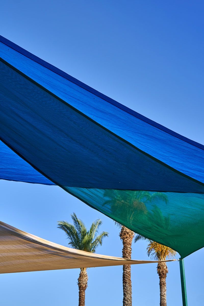 Blue and green sunshades against a bright blue sky, with palm trees visible in the background.