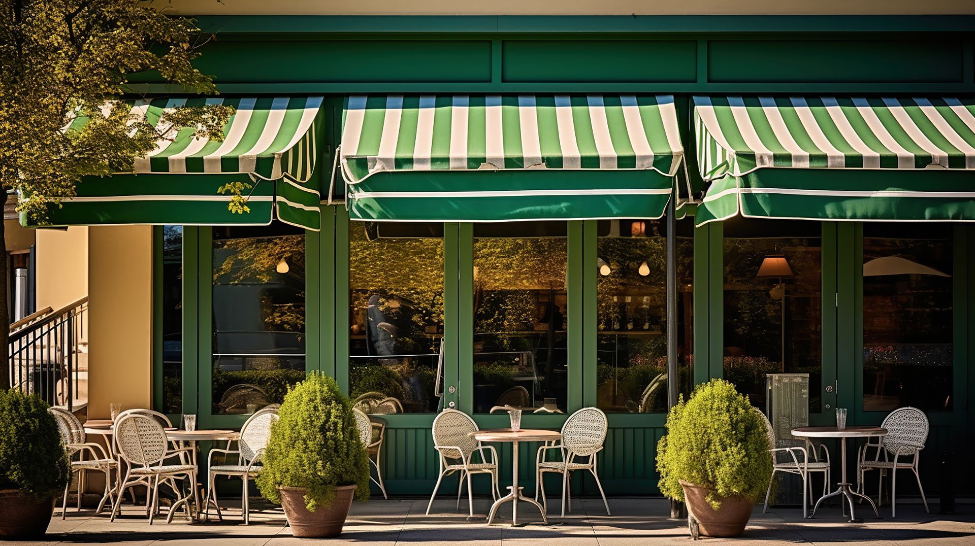 green and white awnings on the outside of a business with bushes and white tables and chairs