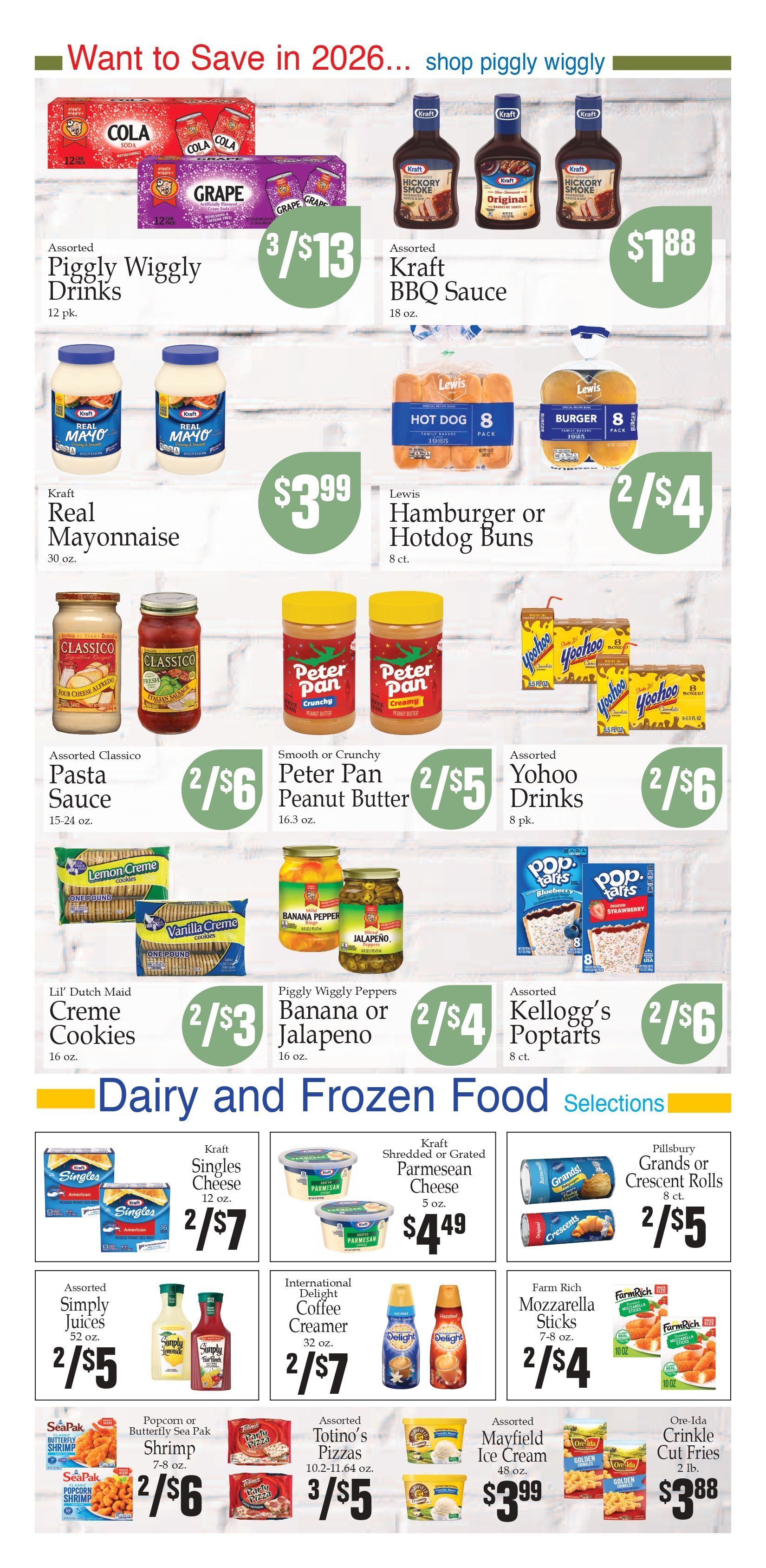 Grocery store advertisement flyer featuring various food products, including pantry staples, dairy, and frozen items.