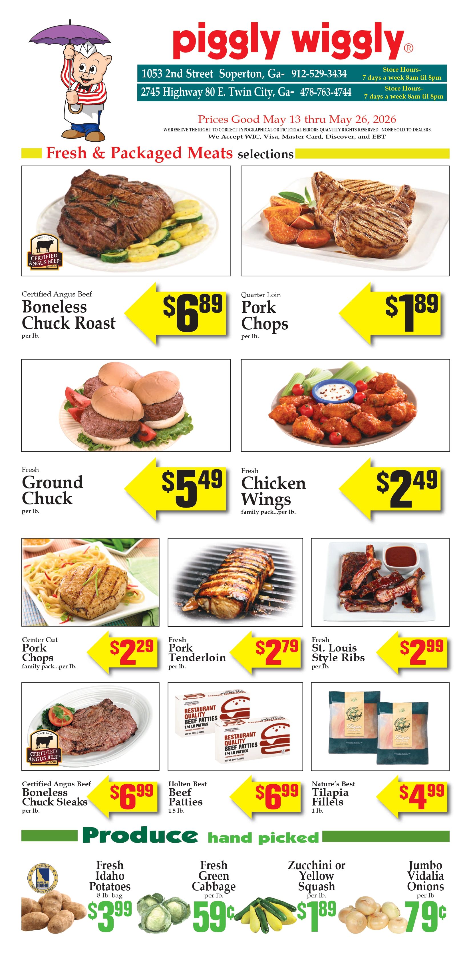 Piggly Wiggly grocery store flyer advertising discounts on various fresh and packaged meat and produce items.