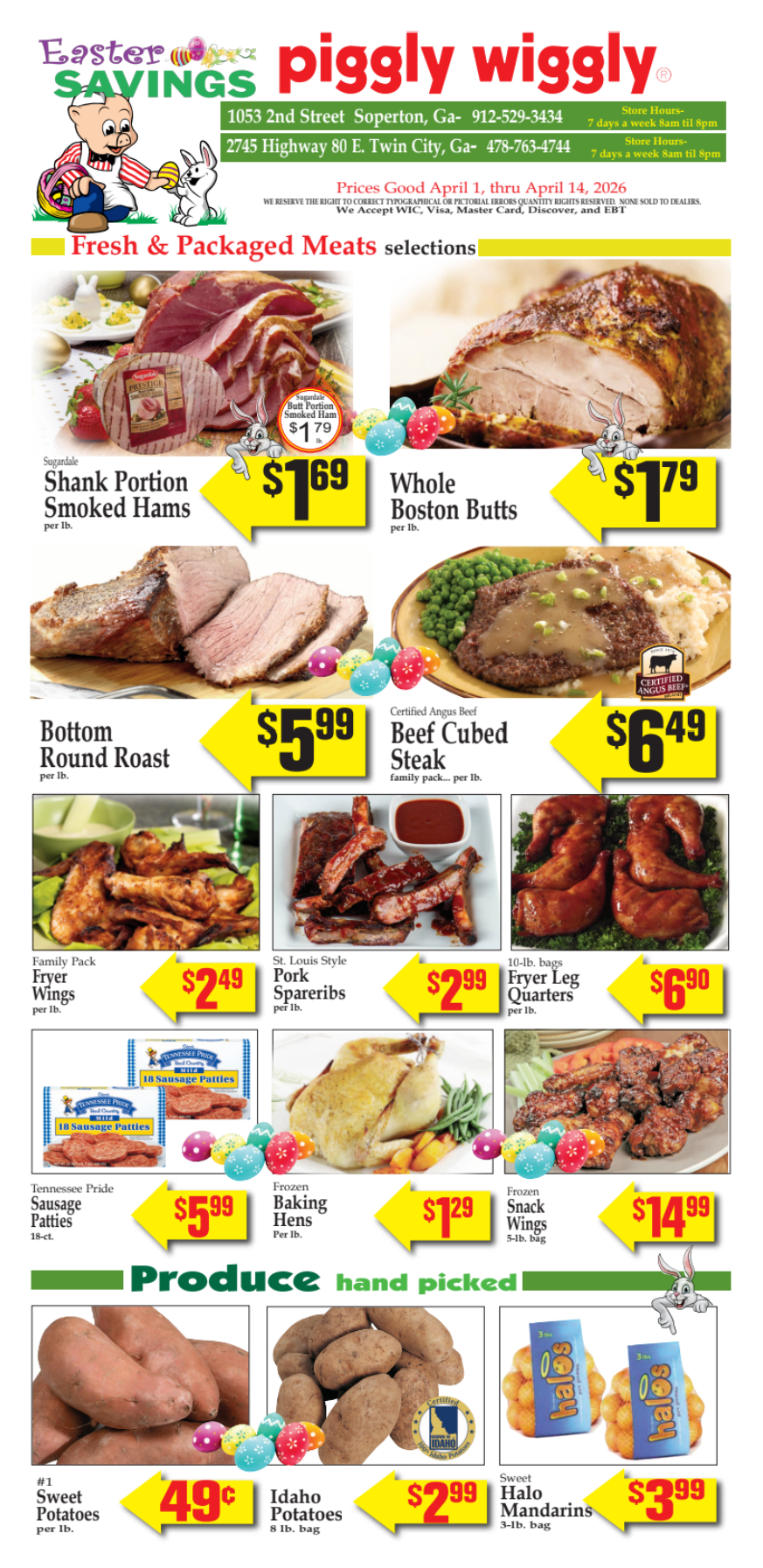 Piggly Wiggly grocery store flyer advertising discounts on various fresh and packaged meat and produce items.