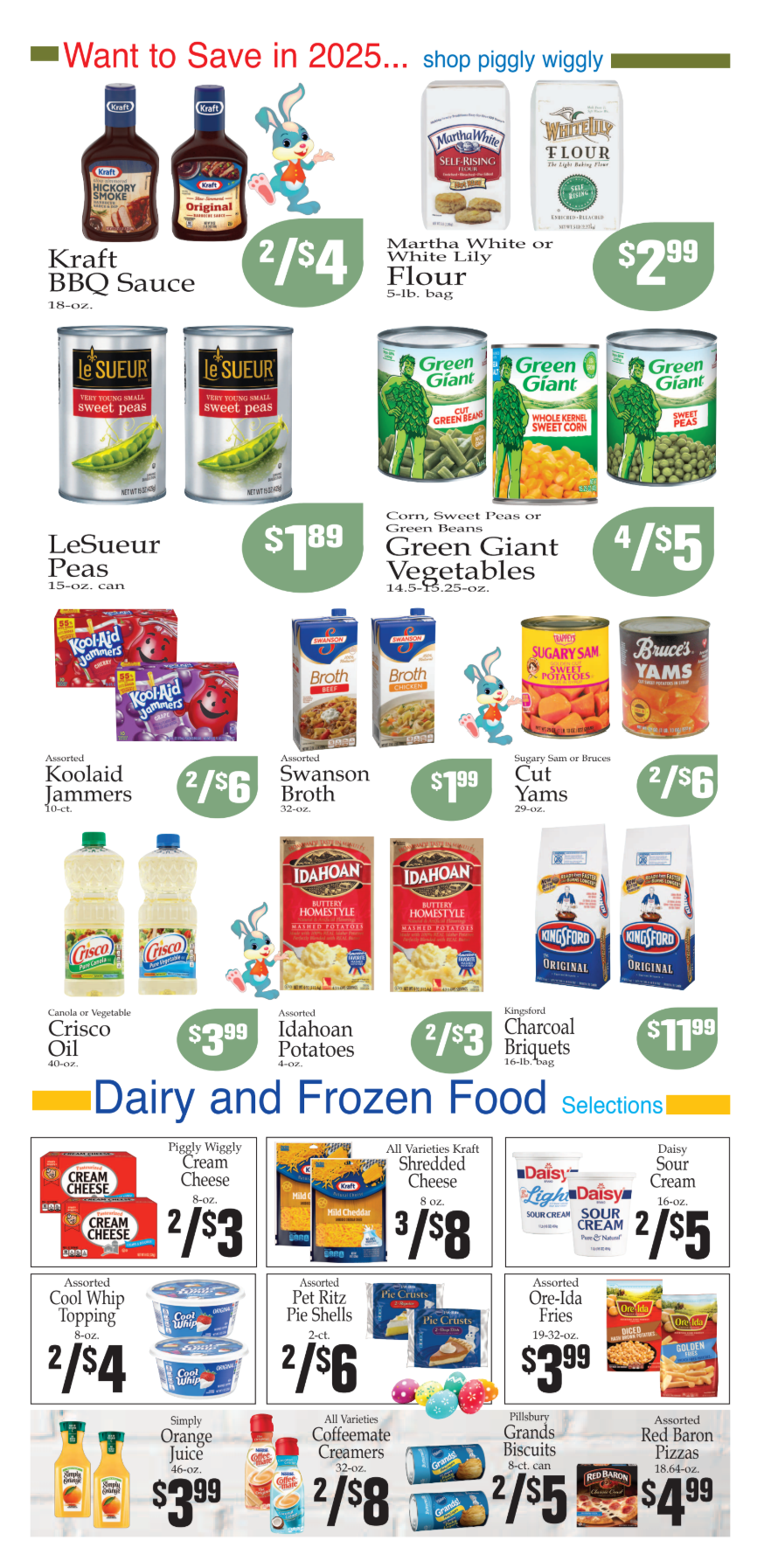 Grocery store advertisement flyer featuring various food products, including pantry staples, dairy, and frozen items.
