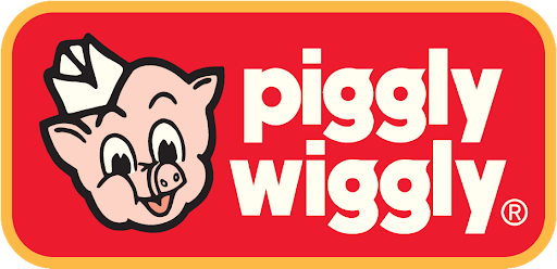 The Piggly Wiggly logo features a cartoon pig wearing a white hat next to the brand name in bold white text on a red field.