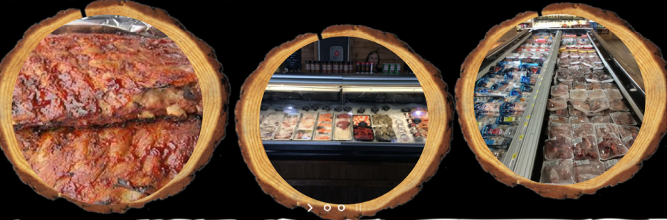 Three circular wood-framed photos showing seasoned ribs, a refrigerated deli display case, and rows of packaged meats.