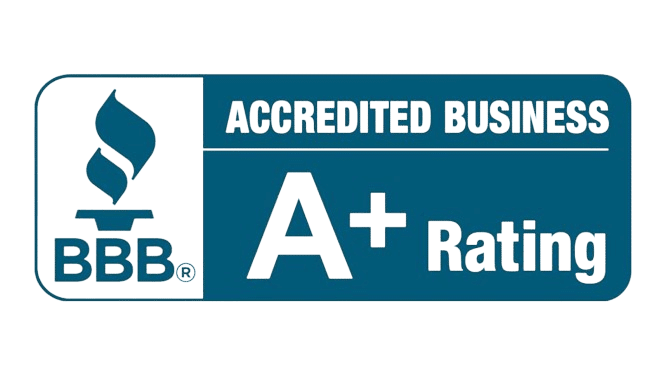 A BBB accredited business badge in blue and white, displaying an A+ rating.