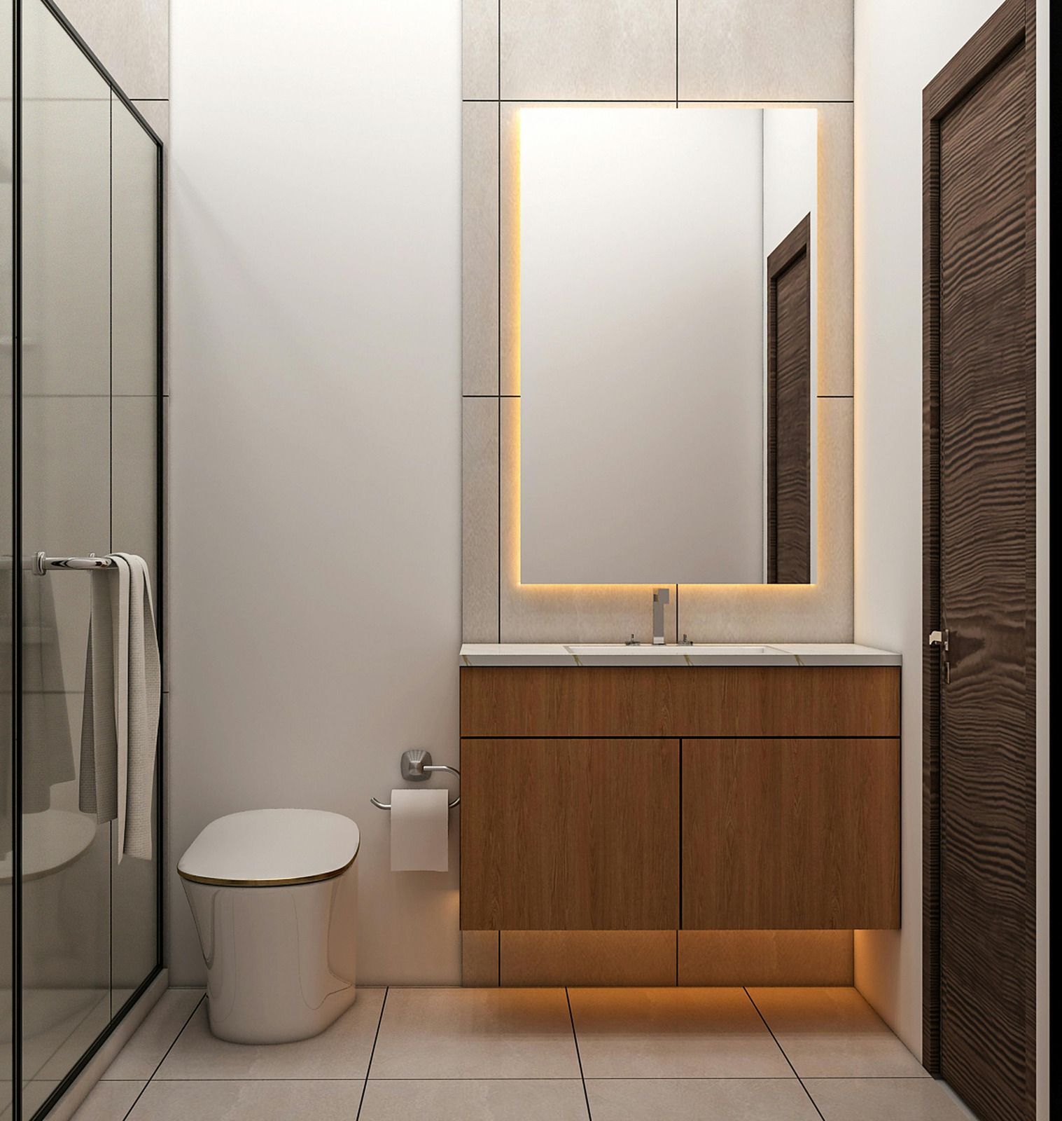 Modern bathroom featuring a wood vanity, an illuminated mirror, a wall-mounted toilet, and a glass-enclosed shower.