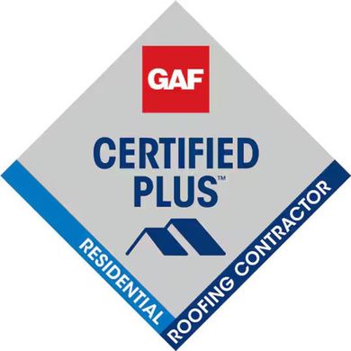 GAF Certified Plus Residential Roofing Contractor logo on a gray diamond background with blue text and a roof icon.