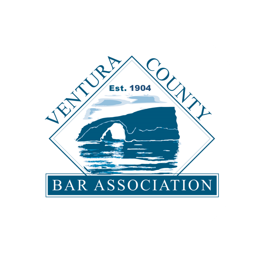 Ventura County Bar Association logo: blue diamond with archway illustration over water, text, and date 