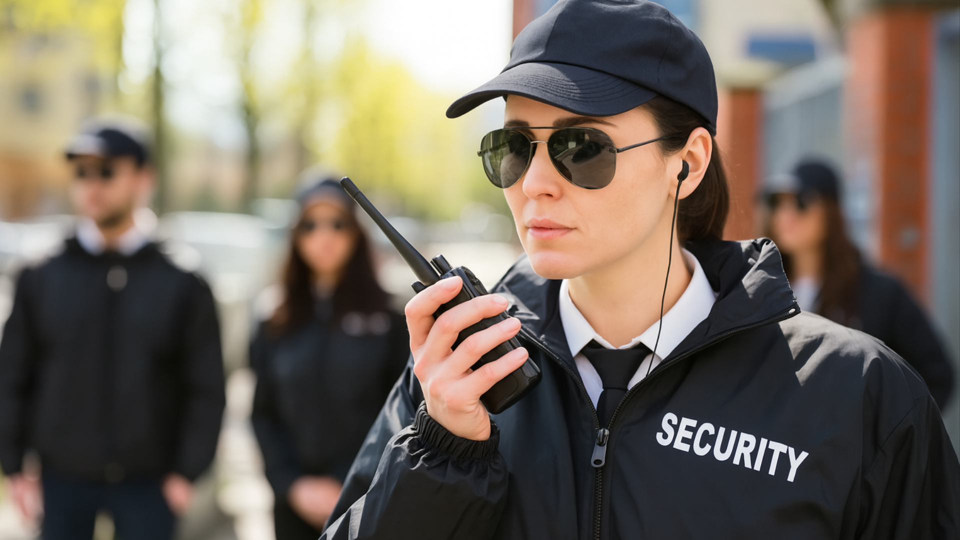Security personnel on duty, one woman holding a walkie-talkie, wearing a black cap, sunglasses, and a