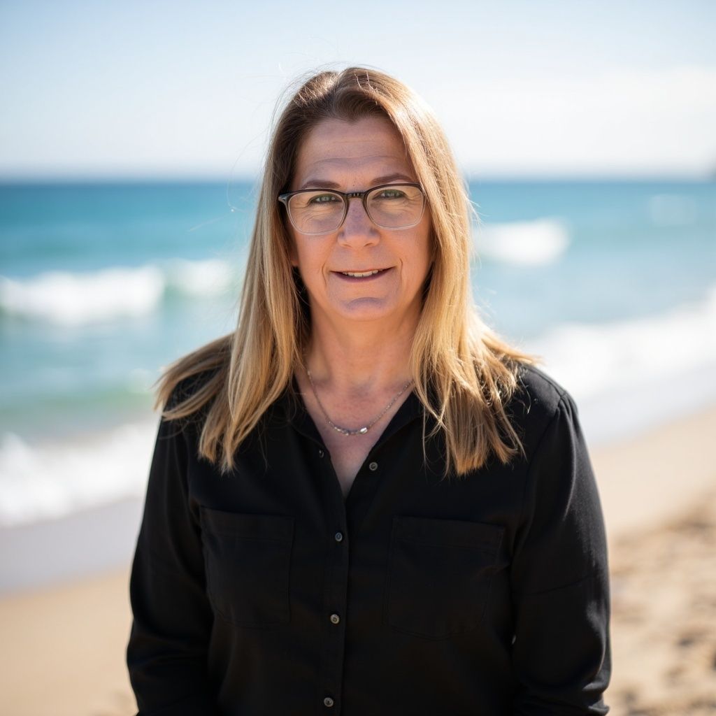 Woman with blonde hair and glasses wearing a black shirt stands on a beach with the ocean in the background.