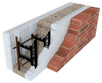 A brick wall with a concrete block in the middle