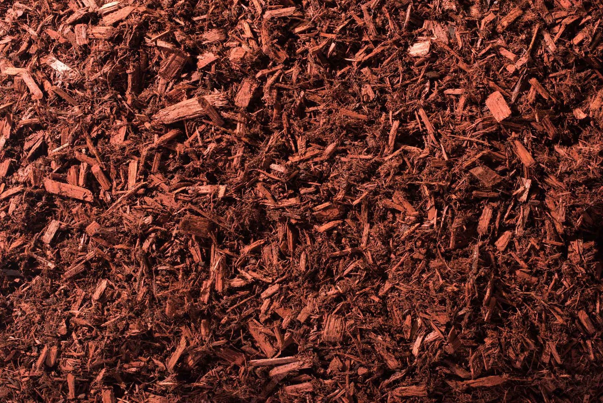 Close-up of reddish-brown wood mulch with rough, shredded texture