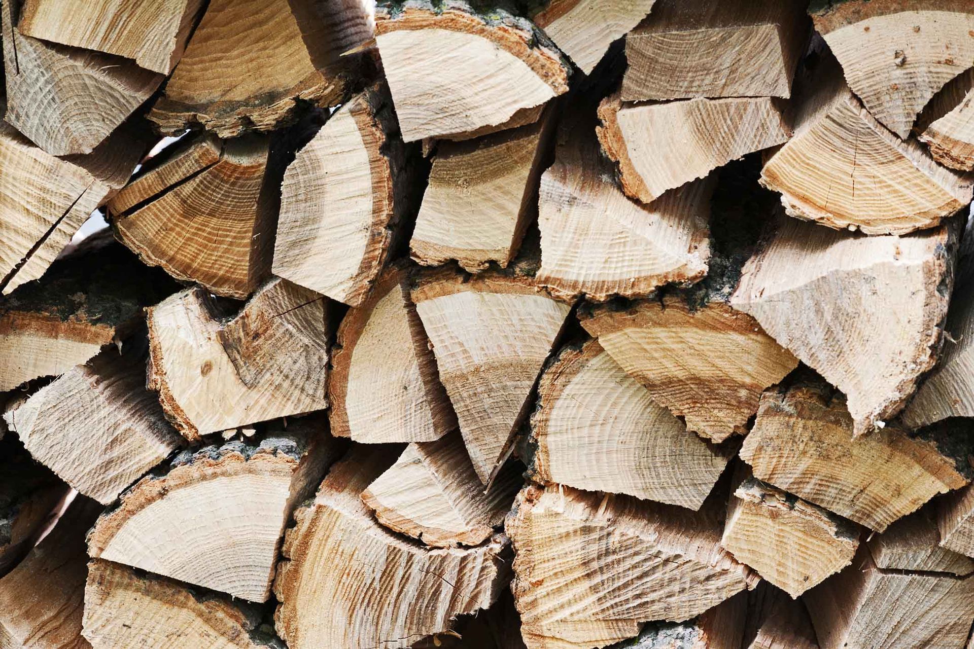 Stacked cut firewood logs with visible split ends in tan, brown, and gray tones