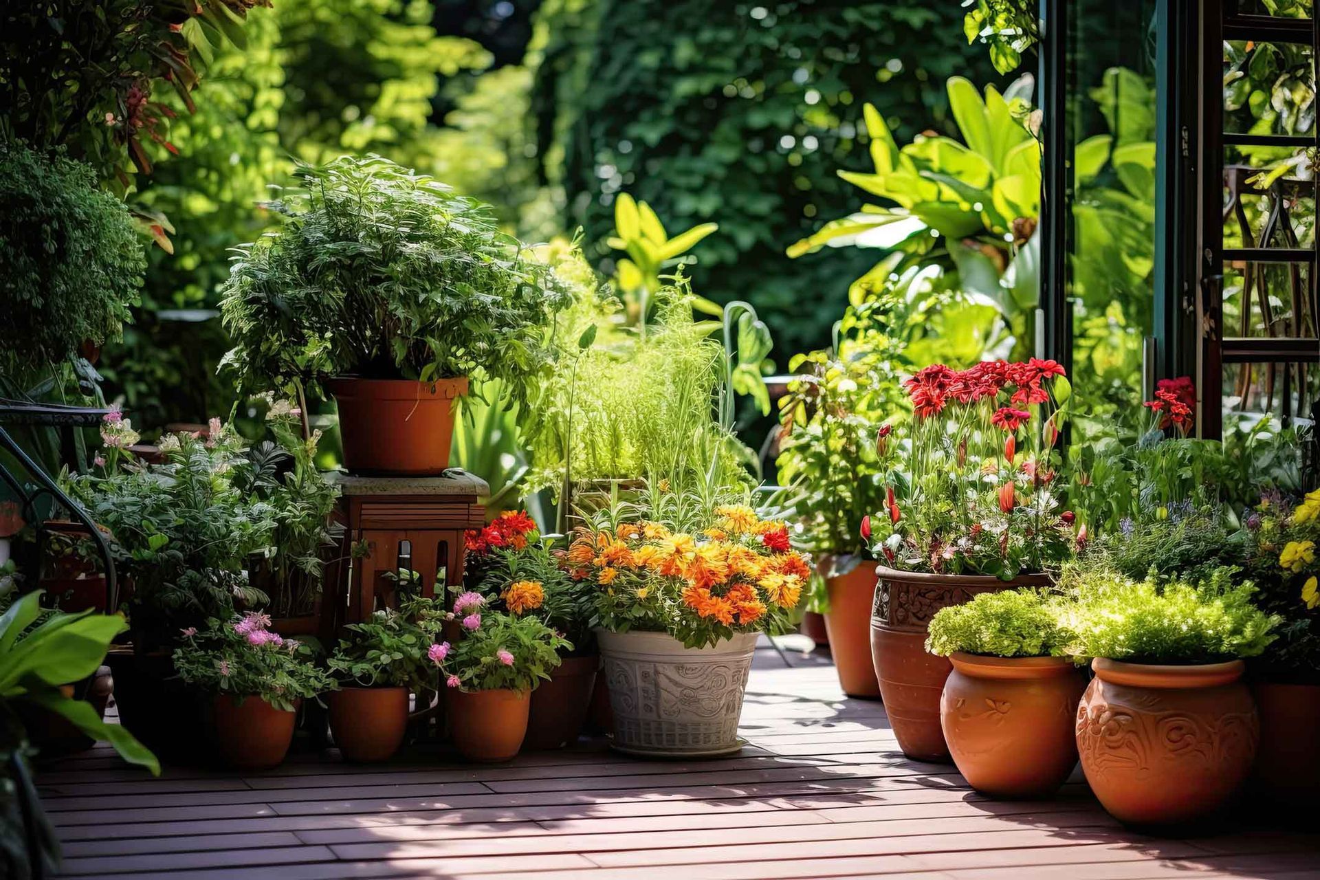 Sunny patio filled with potted flowers and lush green plants beside a window and wooden deck Sunny patio filled with potted flowers and lush green plants beside a window and wooden deck