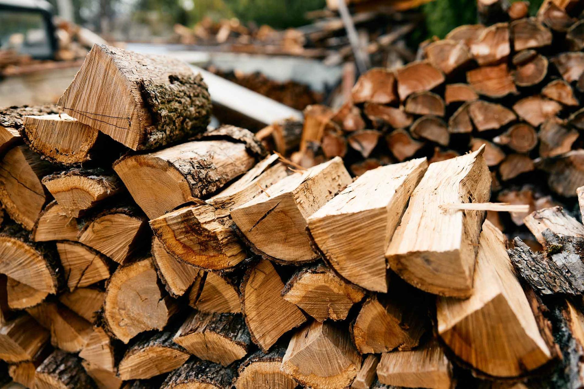 Stacked split firewood logs in an outdoor woodpile