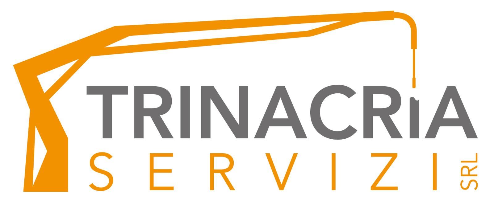 Logo di Trinacria Servizi S.R.L. con elementi grafici dedicati a calcestruzzo, materiale edile e movimento terra nei colori grigio e arancio.
