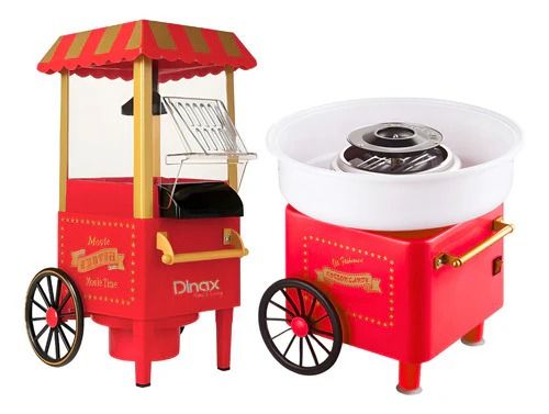 Máquina de palomitas de maíz y algodón de azúcar de color rojo y dorado con diseños estilo circo sobre ruedas.