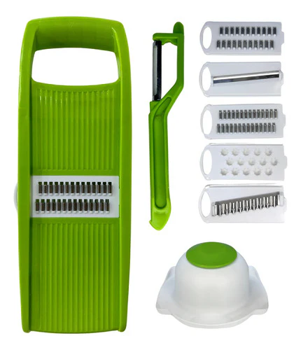 Cortadora de verduras verdes con múltiples cuchillas y pelador.