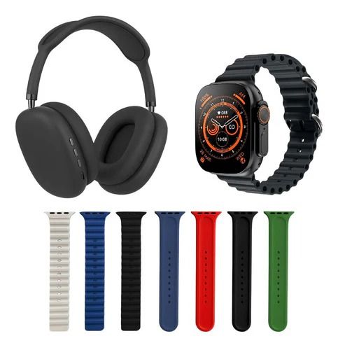 Auriculares negros, reloj inteligente y seis correas de reloj de colores sobre fondo blanco.