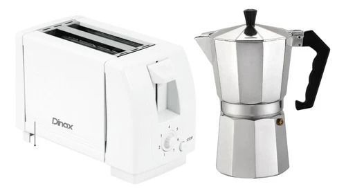 Tostadora blanca junto a una cafetera expreso plateada.