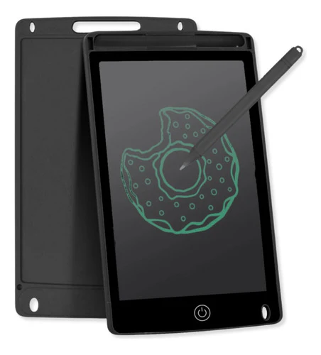 Tableta de escritura electrónica negra con lápiz óptico que muestra un dibujo de una dona verde.