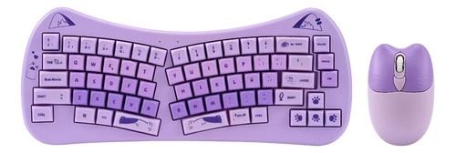 Teclado ergonómico dividido de color morado y ratón a juego.
