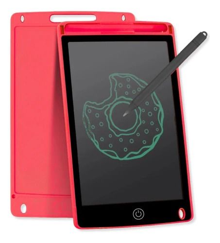 Tableta de escritura electrónica negra con lápiz óptico que muestra un dibujo de una dona verde.