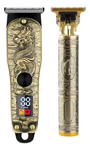 Dos cortadoras de pelo de color dorado, una con diseño de dragón