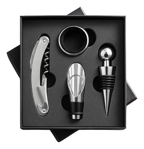 Juego de accesorios para vino en caja de regalo negra: sacacorchos, aireador, tapón y anillo.