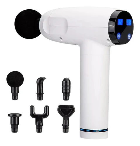 Pistola de masaje de mano blanca con múltiples cabezales de fijación.