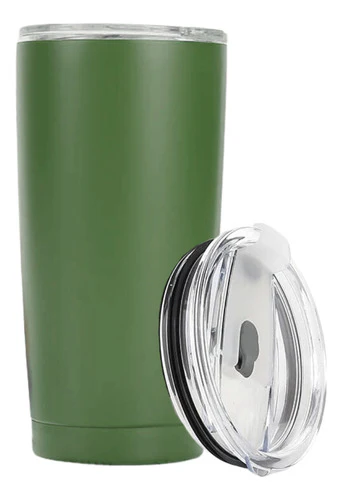 Vaso térmico verde con tapa transparente.