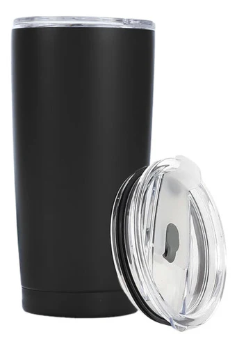 Vaso térmico negro con tapa transparente al lado.