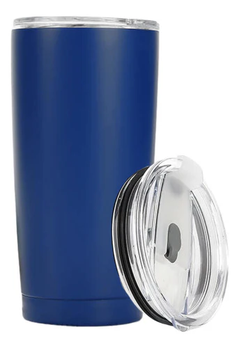 Vaso térmico azul con tapa transparente al lado.