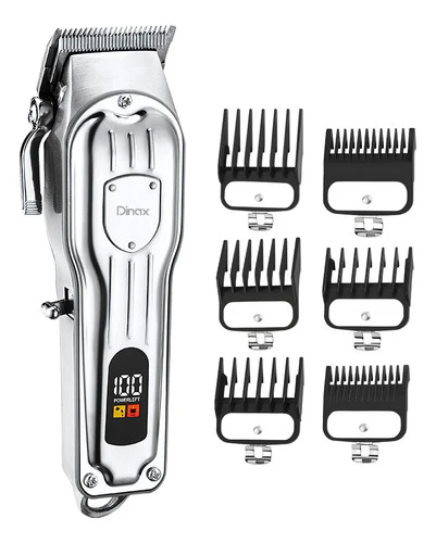 Cortapelos plateado con seis peines accesorios; pantalla digital que muestra la duración de la batería.