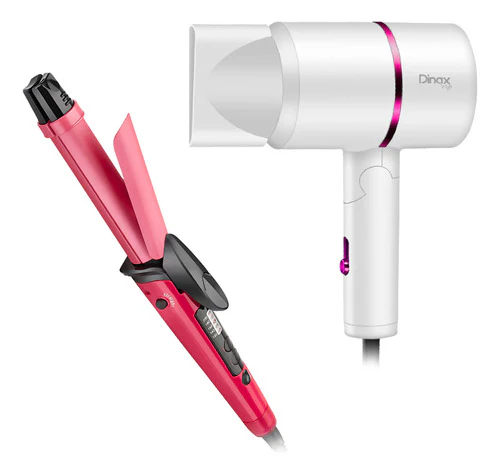 Rizador de pelo rosa y secador de pelo blanco y rosa sobre fondo blanco.