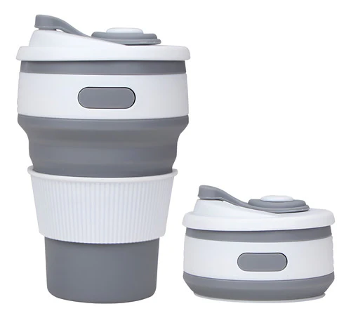 Taza de viaje plegable de color gris y blanco, que se muestra expandida y colapsada.