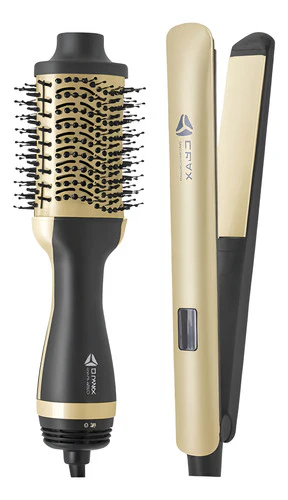Herramientas para peinar el cabello: cepillo de aire caliente dorado y negro y plancha.