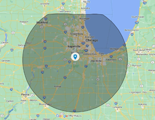 Map of the Chicago area, with a blue circle showing a radius from a central point in Naperville. Map of the Chicago area, with a blue circle showing a radius from a central point in Naperville.