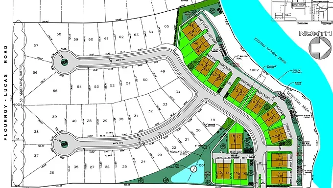 A map of a residential area with a river in the background