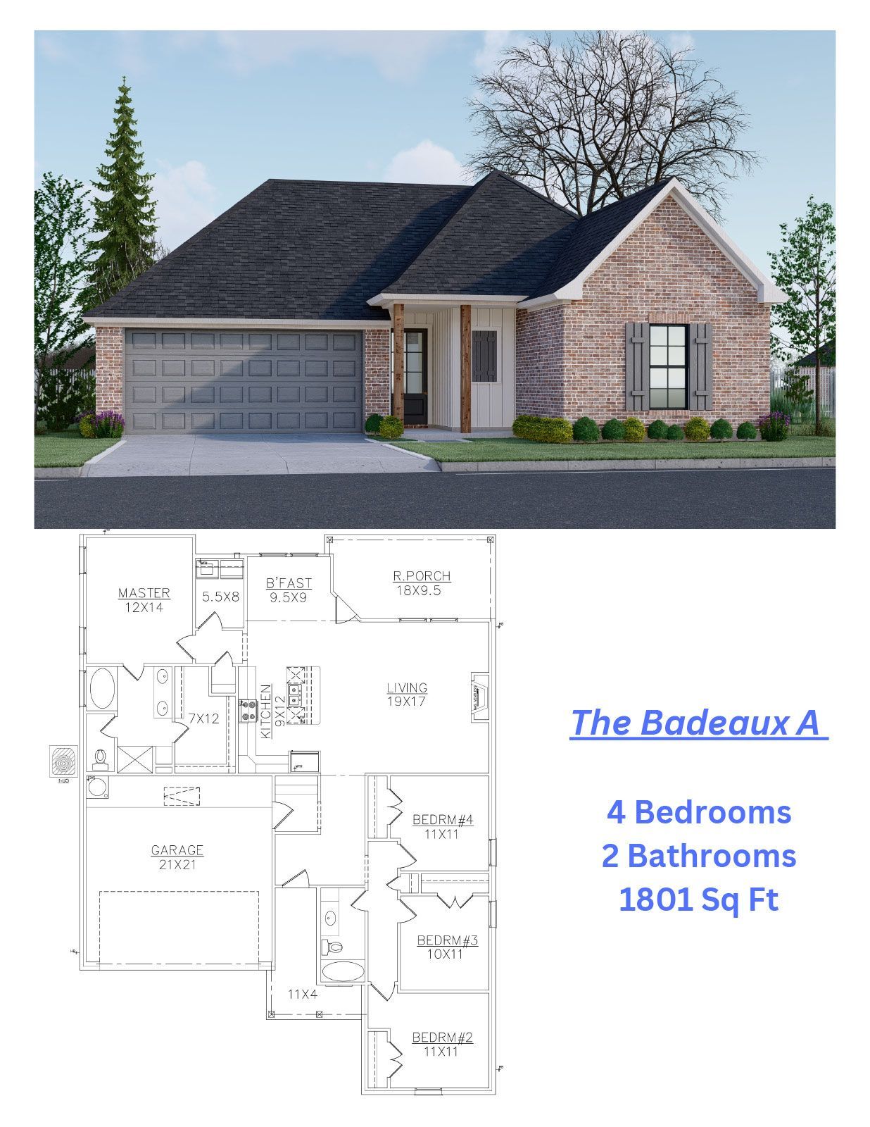 A floor plan of a house with 4 bedrooms and 2 bathrooms