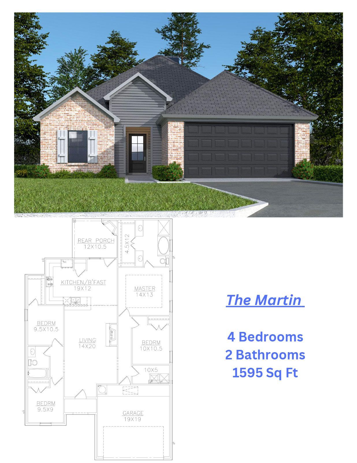 A floor plan of a house with four bedrooms and two bathrooms