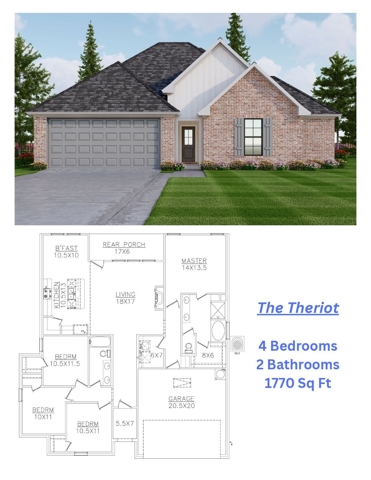 A floor plan of a house with 4 bedrooms and 2 bathrooms