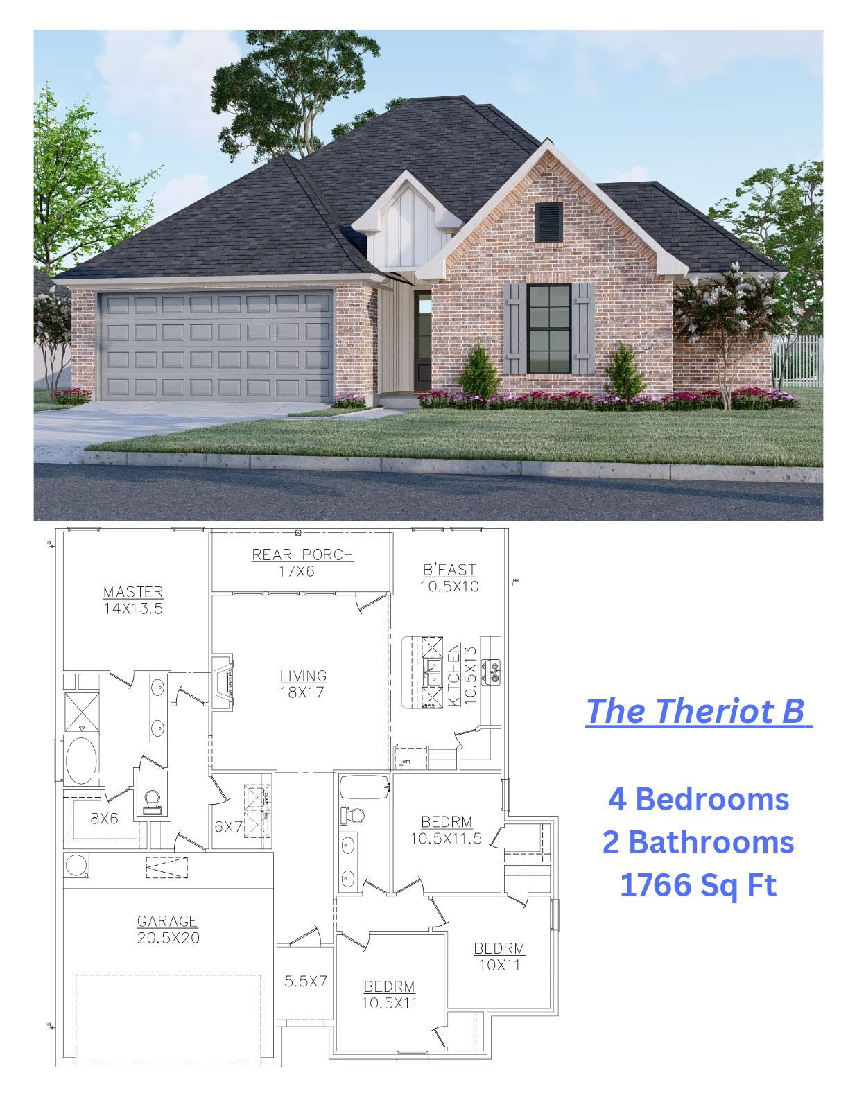 A floor plan of a house with four bedrooms and two bathrooms